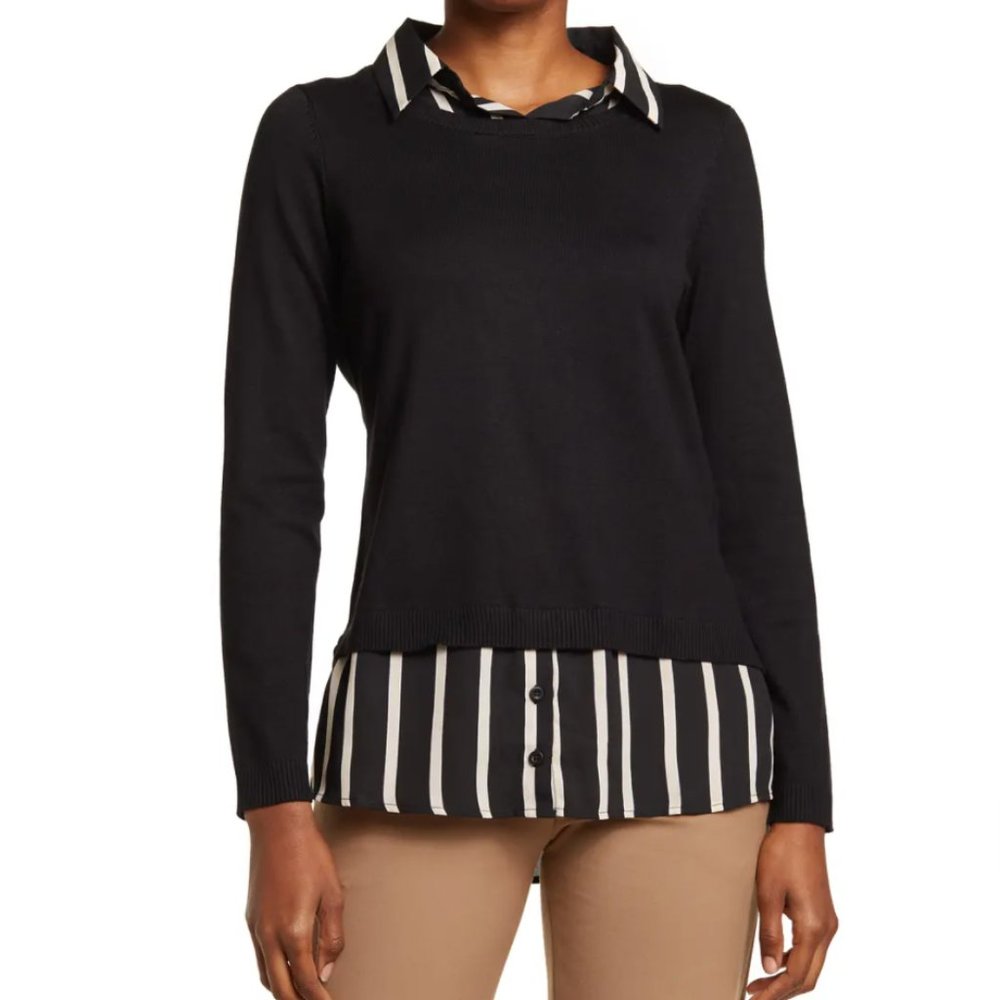 NWT Adrianna Papell Printed Collar Twofer Sweater in Black and Cream